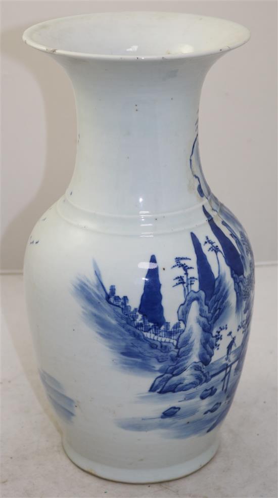 A Chinese blue and white baluster vase, late 19th century, 36cm, slight faults